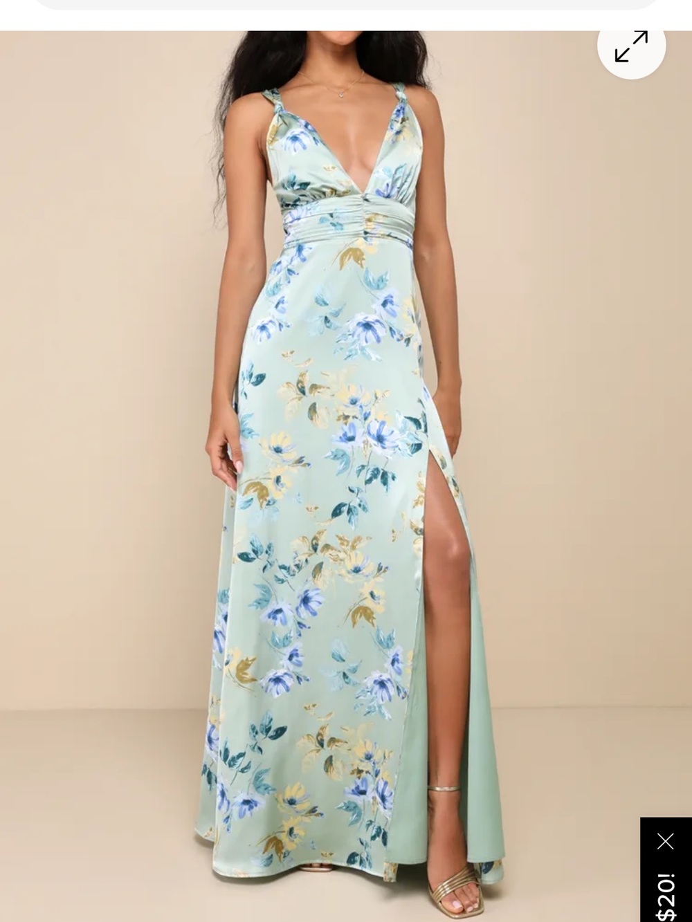 Lulu's Mint Floral V-Neck Maxi Dress with Gold Accents
